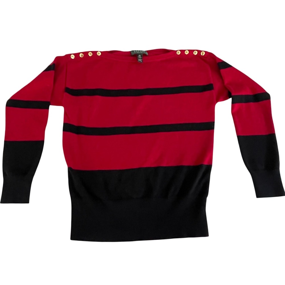LAUREN RALPH LAUREN Petite Striped Boat Neck Sweater Red Black medium